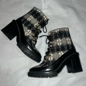 Tory Burch tweed and leather heeled boots